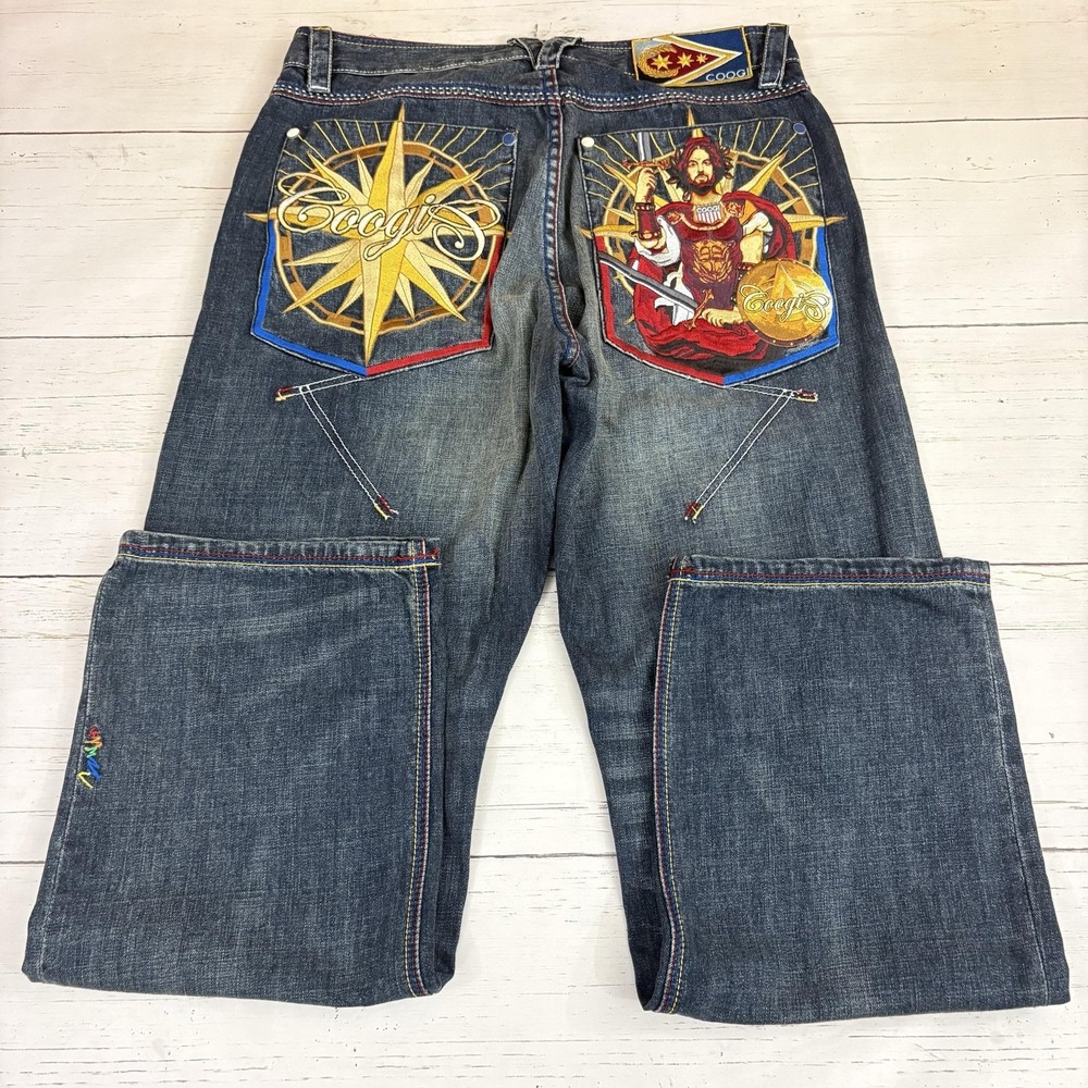 Coogi Jeans Mens 36x34 Blue Denim Relaxed Wide Leg Embroidered Graphic Hip Hop - Picture 6 of 16